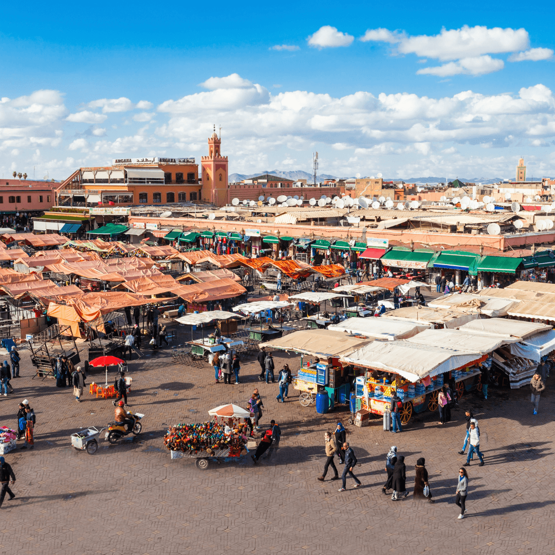 Wander through the bustling souks of Marrakech, where the vibrant colors, exotic smells, and sounds create a uniquely Moroccan experience.