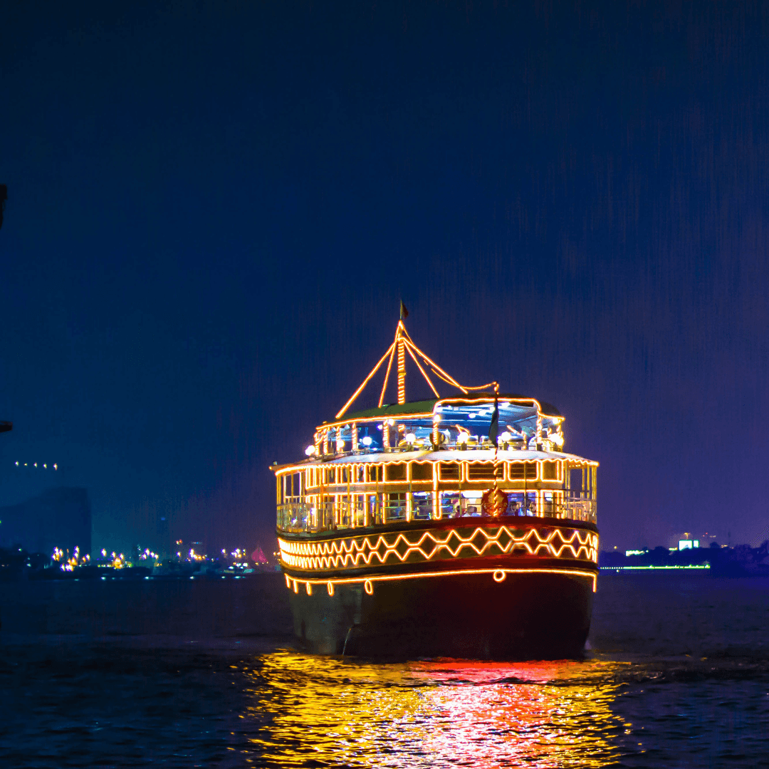 Dhow Cruise on Dubai Creek Enjoy a romantic evening on a traditional dhow with a buffet dinner, Tanura dance, and stunning views of Dubai’s illuminated skyline.